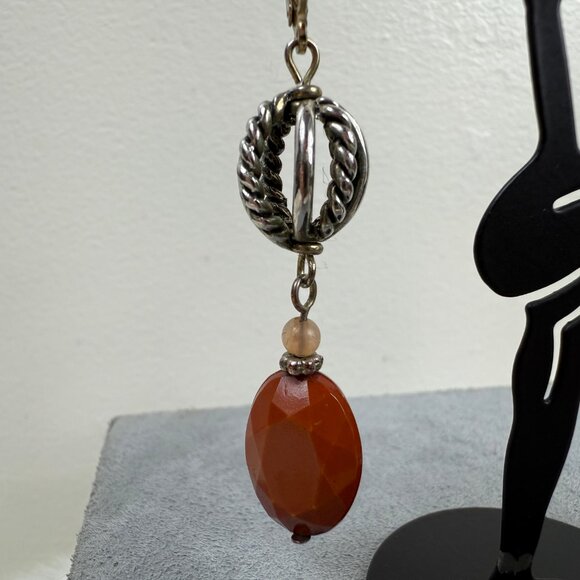 Silver Tone Ball w/ Brown Bead Dangle & Drop Pierced Earrings - Picture 7 of 9